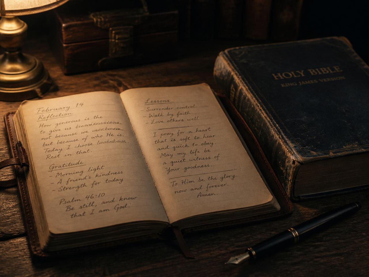 Open reflective journal beside an old Bible under warm lamplight